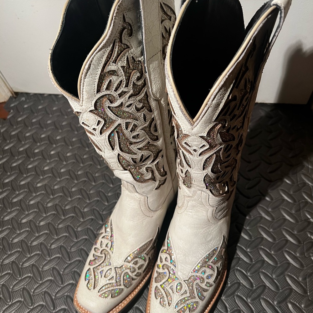 RARE J.B. Dillon Cowgirl Boots White Sparkle size 5.5 Girls - Picture 8 of 12